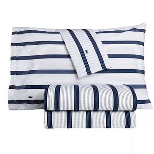 Lacoste Home Solid Cotton Percale Navy and White Striped Sheet Set.Twin